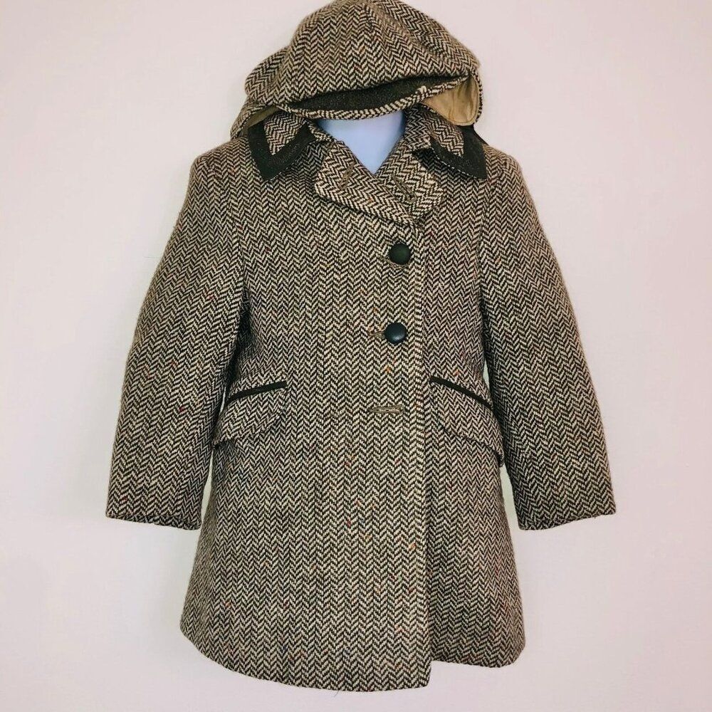Vintage 50s Solitaire Overcoat Coat Boys S Green Wool Herringbone Winter Cap Set